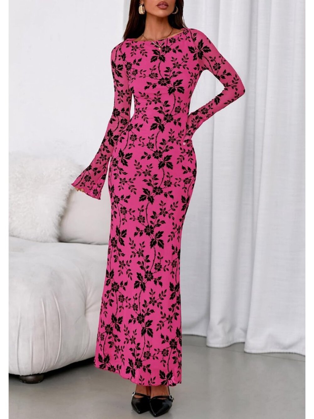 Women's Hot Pink Slim Fitted Boat Neck Long Sleeves Floral Bodycon Maxi Dresses - Picture 2 of 6